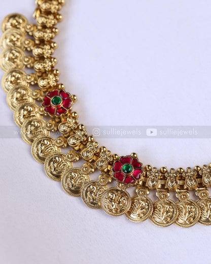 3888 - Premium Ruby Flower No Idol Coin Necklace with Jhumka
