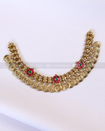 3888 - Premium Ruby Flower No Idol Coin Necklace with Jhumka