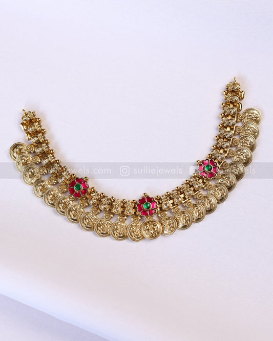 3888 - Premium Ruby Flower No Idol Coin Necklace with Jhumka