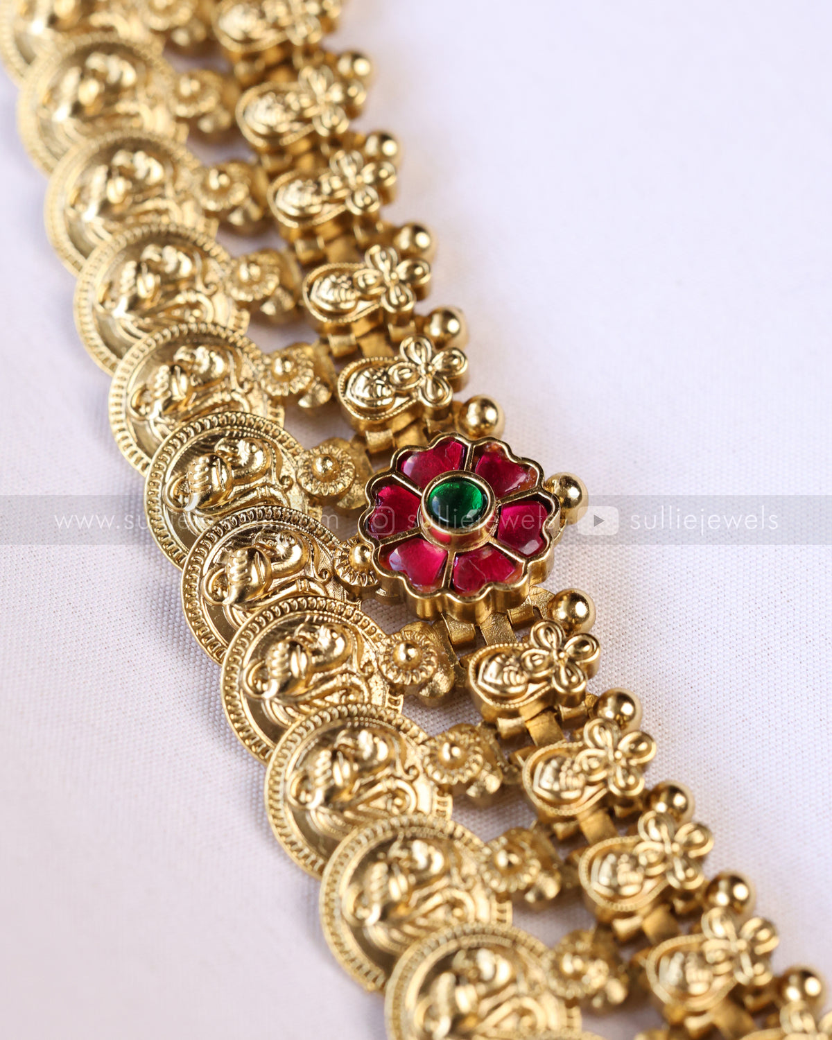 3888 - Premium Ruby Flower No Idol Coin Necklace with Jhumka