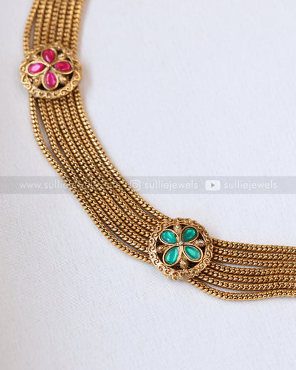 3804 - Layered Band Floral Stone Necklace with Stud