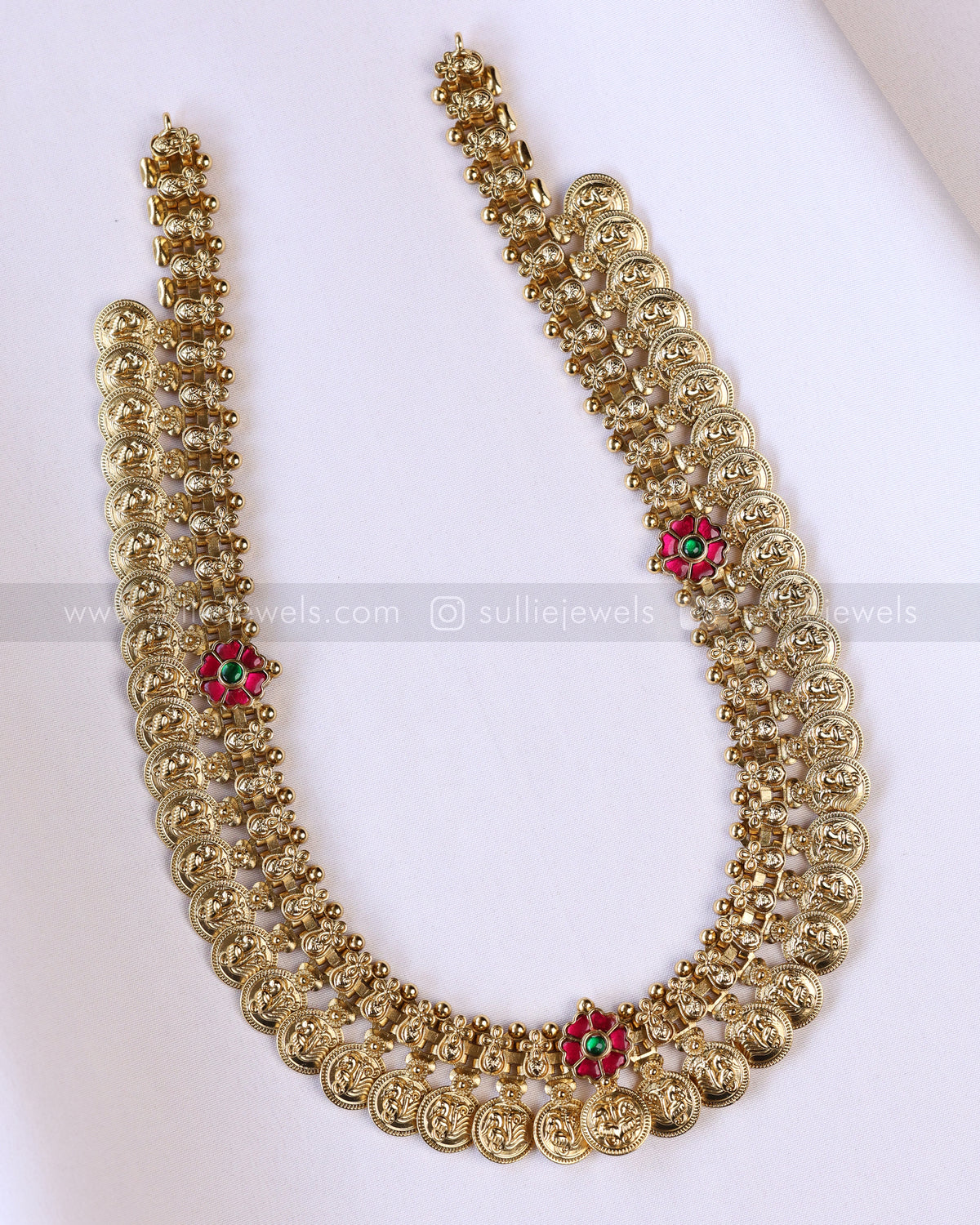 7203 - Premium Ruby Flower No Idol Coin Haaram with Jhumka