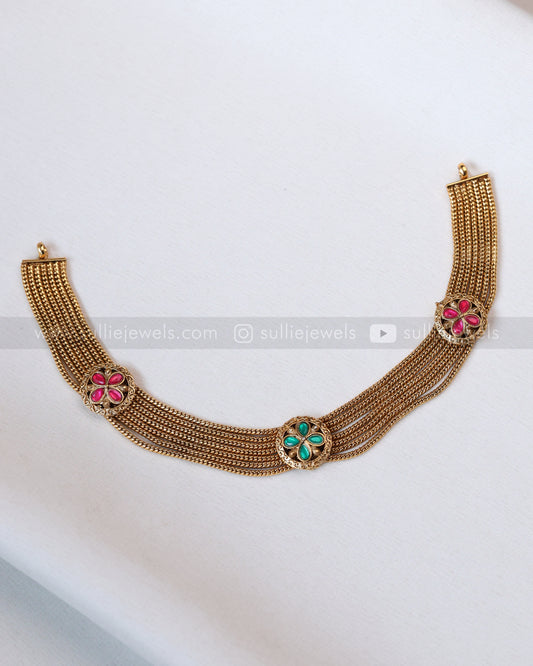 3804 - Layered Band Floral Stone Necklace with Stud