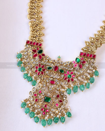 7202 - Jadau Kemp Stone Coin Mint Beads Haram with Jhumka