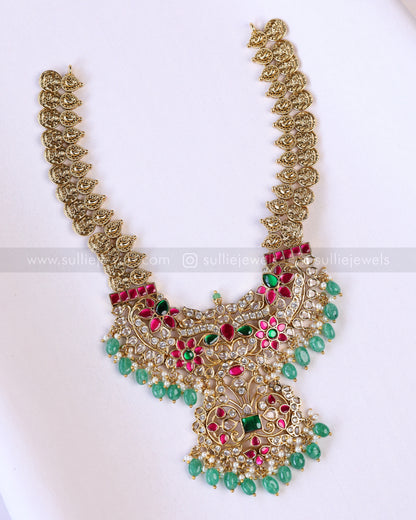 3886 - Jadau Kemp Stone Coin Mint Beads Necklace with Jhumka