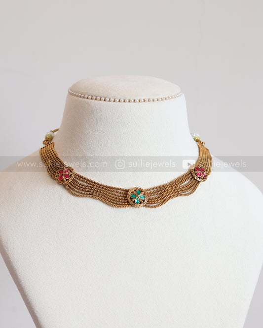 3804 - Layered Band Floral Stone Necklace with Stud