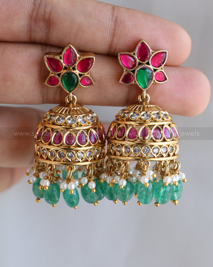 3886 - Jadau Kemp Stone Coin Mint Beads Necklace with Jhumka