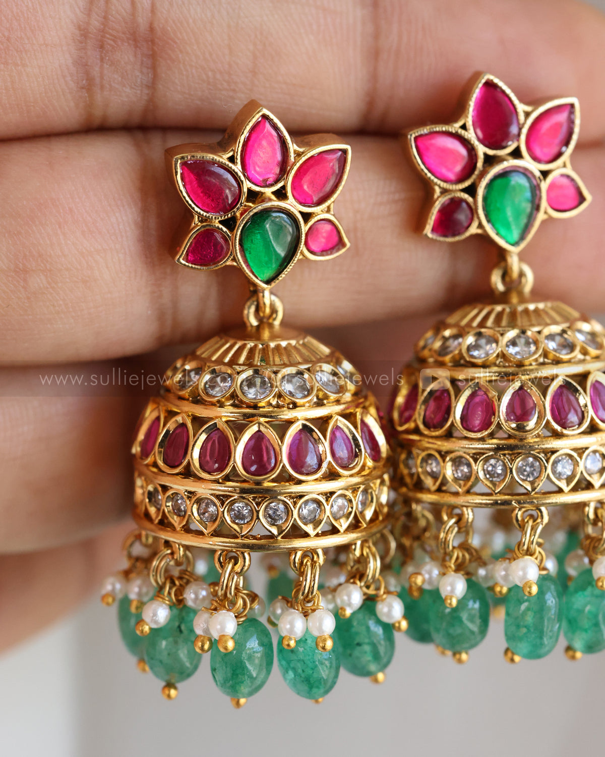 7202 - Jadau Kemp Stone Coin Mint Beads Haram with Jhumka