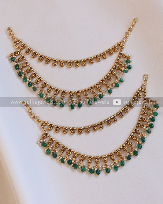 2 Layer Premium Earchain / Maatti with Green Strawberry Beads