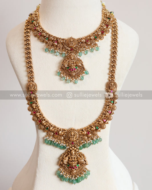 Lakshmi Detailed Copper Gold Bridal Combo - Mint Beads ( 3 piece )