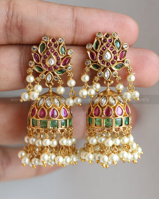 E1221 - Premium Kemp Lotus Jhumka with Double Layer Pearl drops