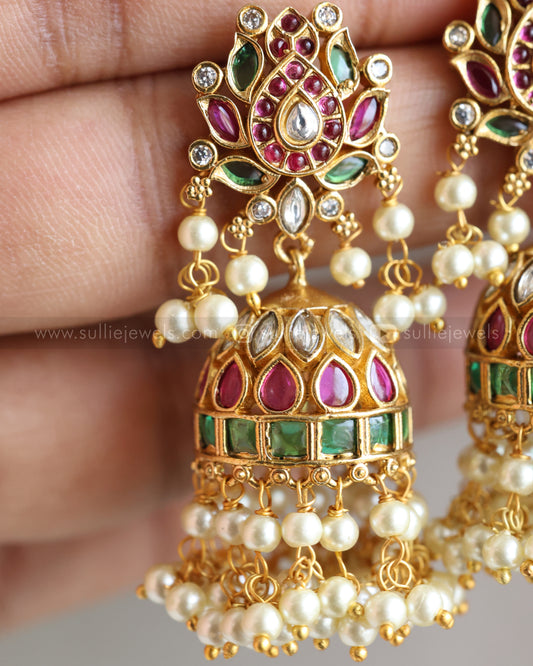 E1221 - Premium Kemp Lotus Jhumka with Double Layer Pearl drops