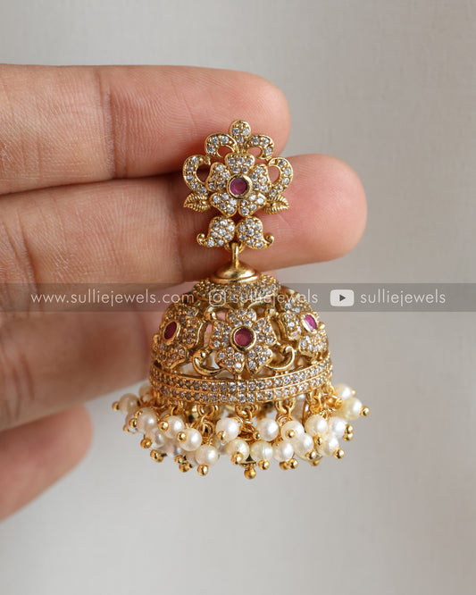 Stone & Gold Jhumka with Pearl drops
