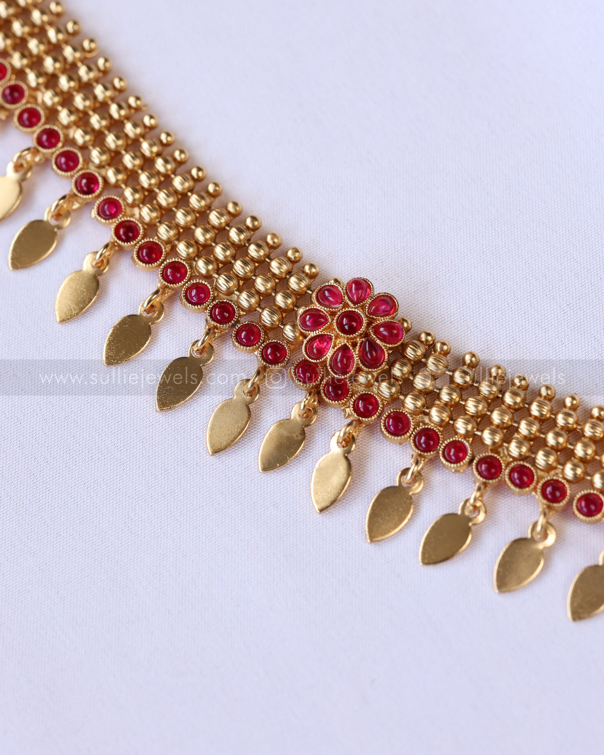 2171 - Sullie Basic Ruby Flower Gold Beaded Elakkathali Choker with Stud