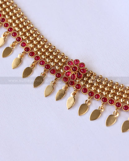 2171 - Sullie Basic Ruby Flower Gold Beaded Elakkathali Choker with Stud