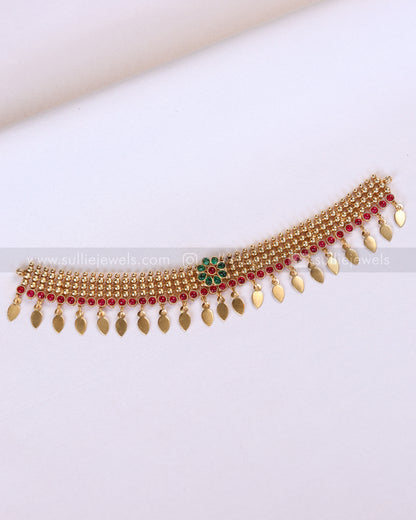 2172 - Sullie Basic Green Flower Gold Beaded Elakkathali Choker with Stud