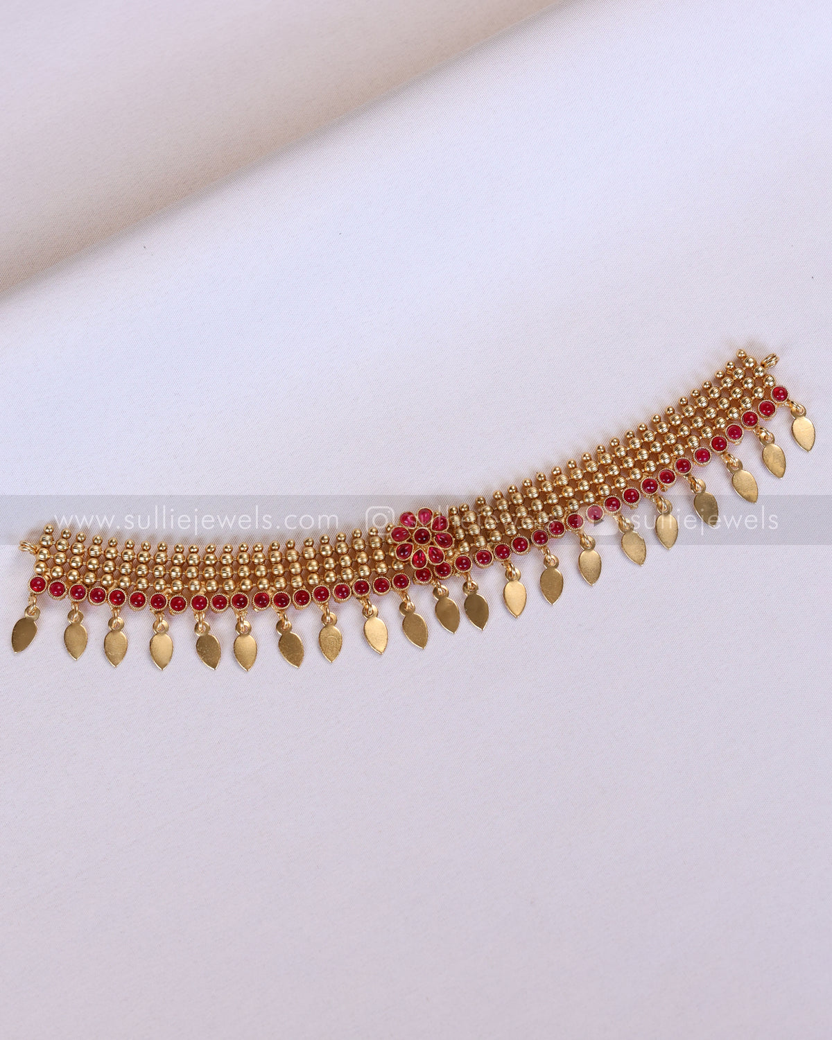 2171 - Sullie Basic Ruby Flower Gold Beaded Elakkathali Choker with Stud