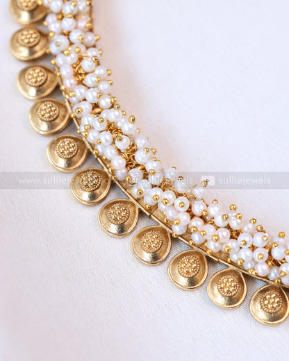 3733 - Pearl Cluster Rain Drop Gold Necklace with Stud