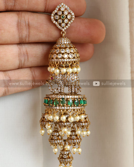 Elephant Layered Stone Premium Heavy Long Earring - Green