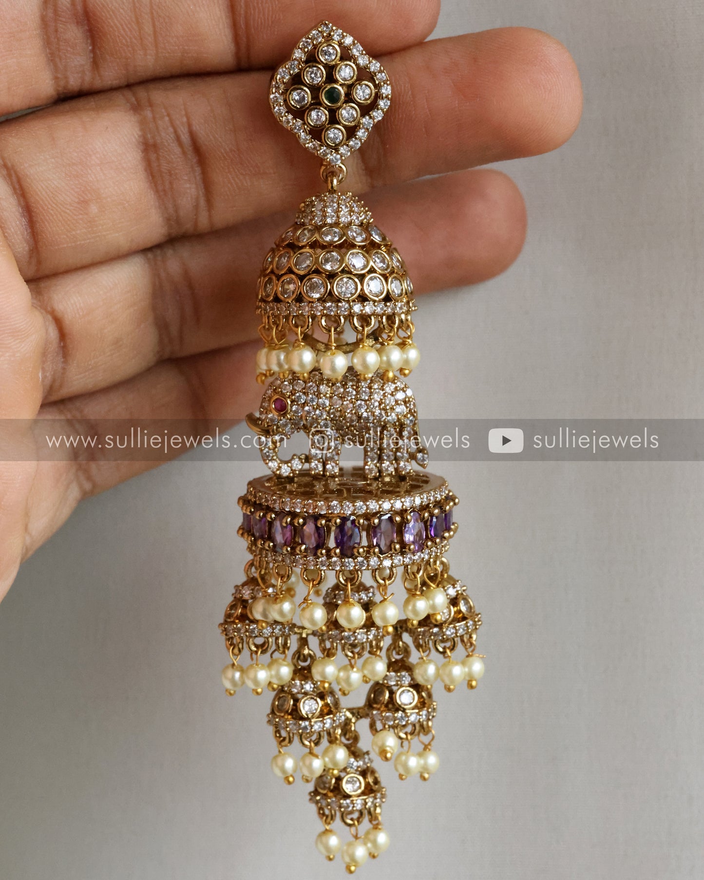 Elephant Layered Stone Premium Heavy Long Earring - Violet