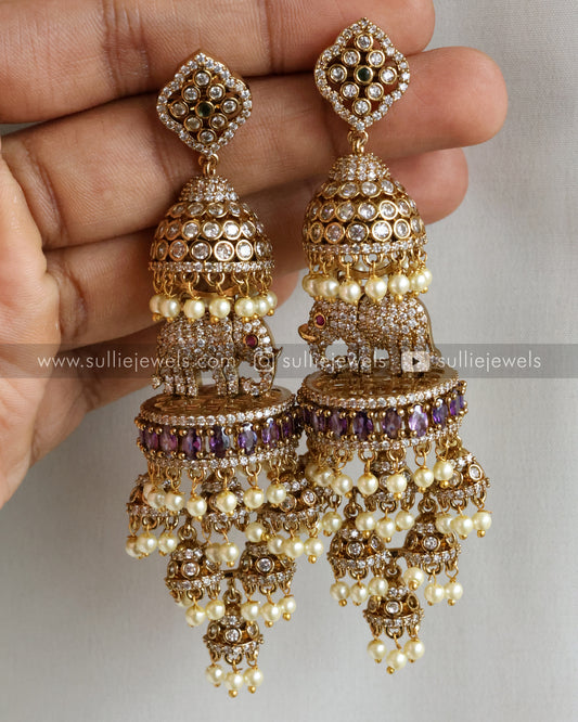 Elephant Layered Stone Premium Heavy Long Earring - Violet