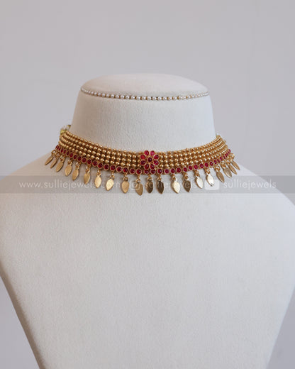 2171 - Sullie Basic Ruby Flower Gold Beaded Elakkathali Choker with Stud