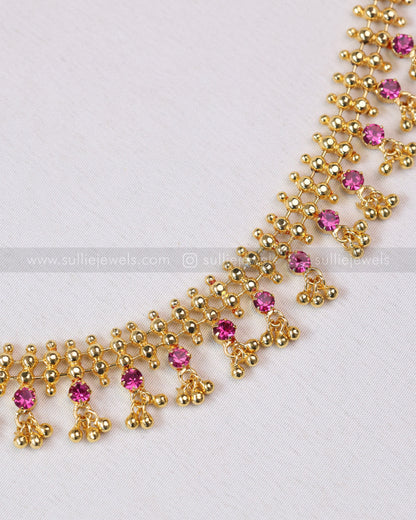 3738 - Ball Chain Gold Plated Ruby Pink Stone Necklace