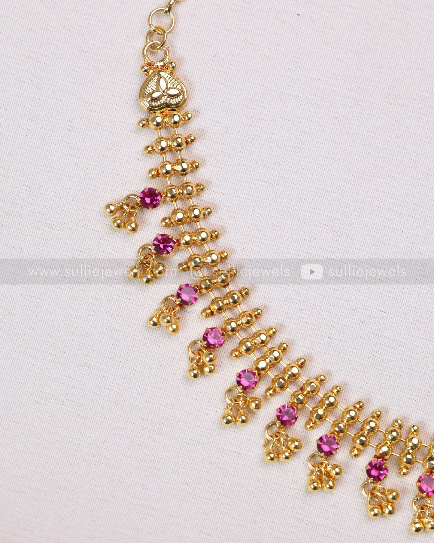 3738 - Ball Chain Gold Plated Ruby Pink Stone Necklace