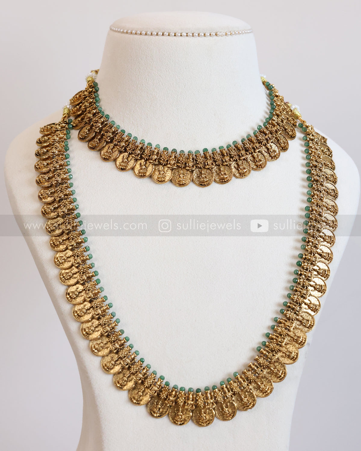 849 - Sullie Basic Bridal Kashumaala / Coin Mint Beads Short & Long Necklace Set