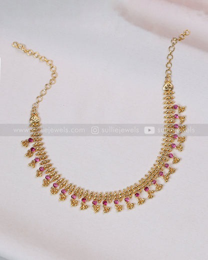 3738 - Ball Chain Gold Plated Ruby Pink Stone Necklace