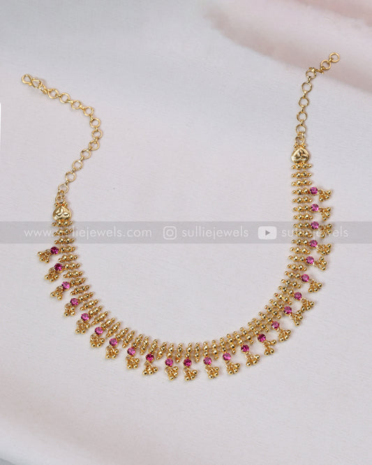 3738 - Ball Chain Gold Plated Ruby Pink Stone Necklace