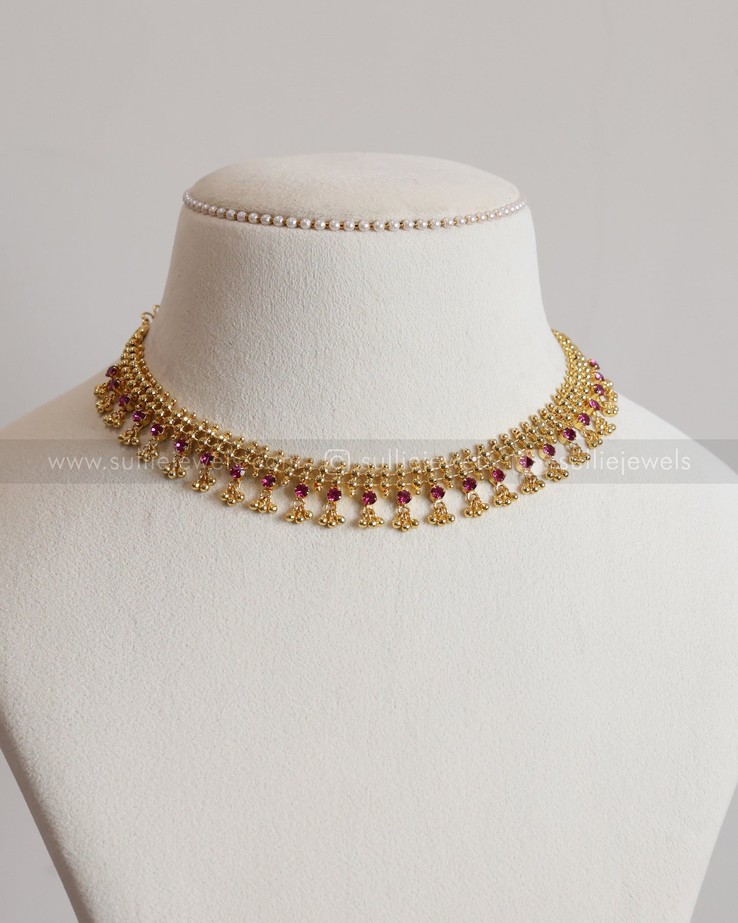 3738 - Ball Chain Gold Plated Ruby Pink Stone Necklace