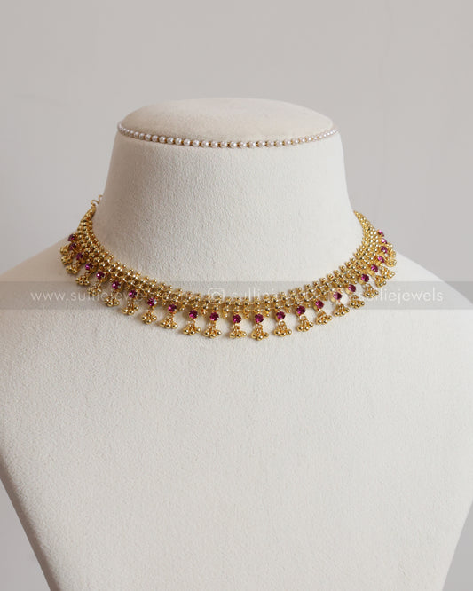 3738 - Ball Chain Gold Plated Ruby Pink Stone Necklace
