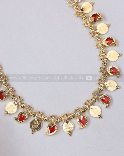 7175 - Ruby Gold Plated Mango Kaashumaala / Coin Long Chain