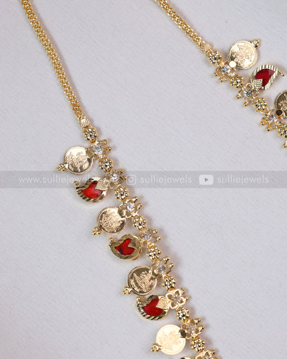 7175 - Ruby Gold Plated Mango Kaashumaala / Coin Long Chain