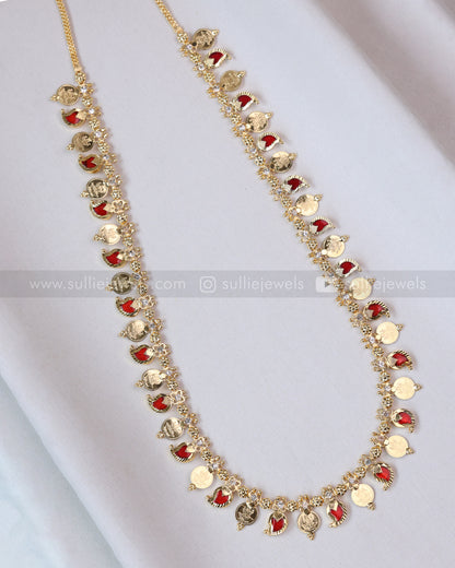 7175 - Ruby Gold Plated Mango Kaashumaala / Coin Long Chain