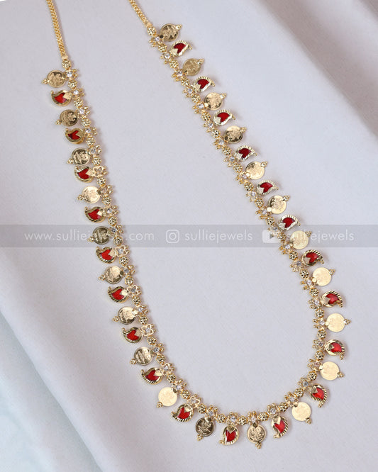 7175 - Ruby Gold Plated Mango Kaashumaala / Coin Long Chain