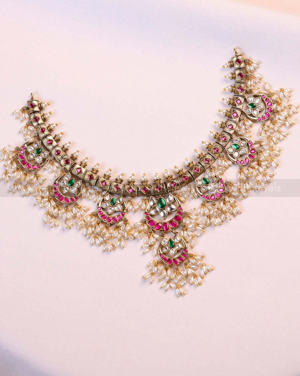 3953 - Rice Pearl Guttapusalu Premium Kundan Stone Necklace with Earring