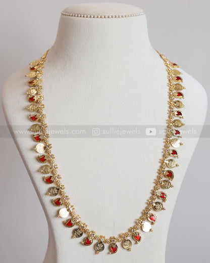 7175 - Ruby Gold Plated Mango Kaashumaala / Coin Long Chain