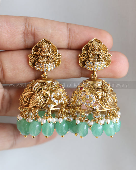 E1225 - Gold Mint Beads Lakshmi Jhumka