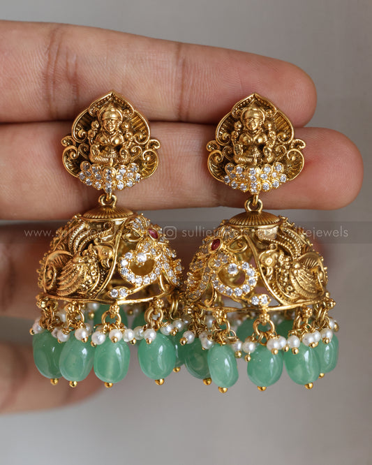 E1225 - Gold Mint Beads Lakshmi Jhumka