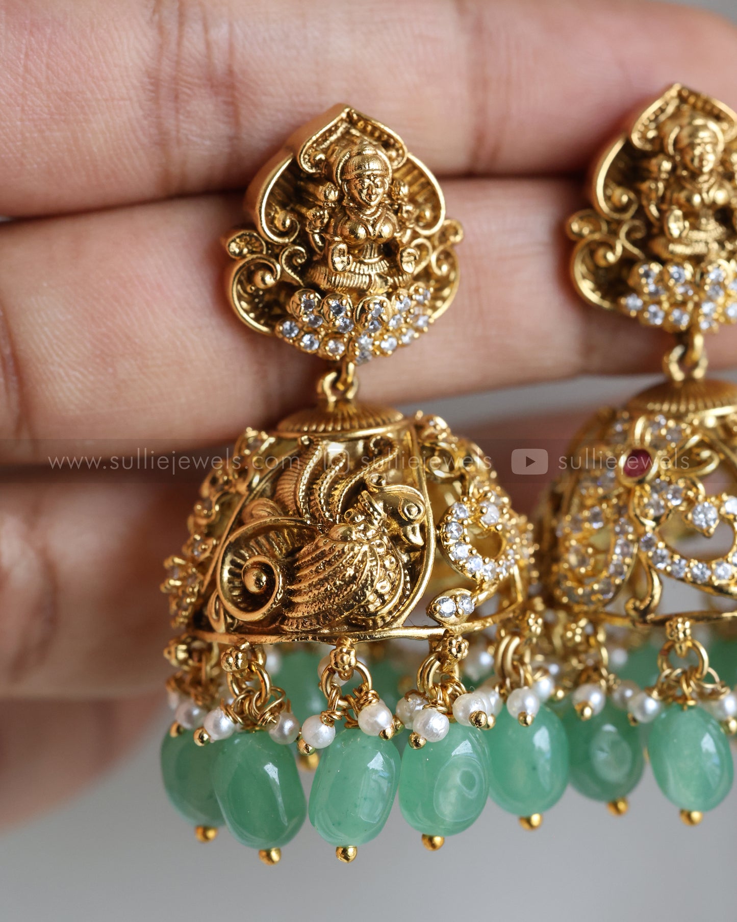 E1225 - Gold Mint Beads Lakshmi Jhumka