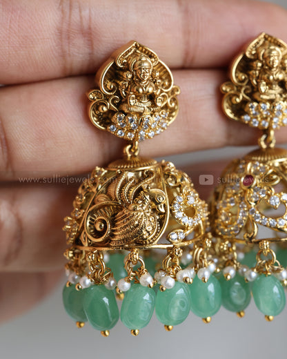 E1225 - Gold Mint Beads Lakshmi Jhumka