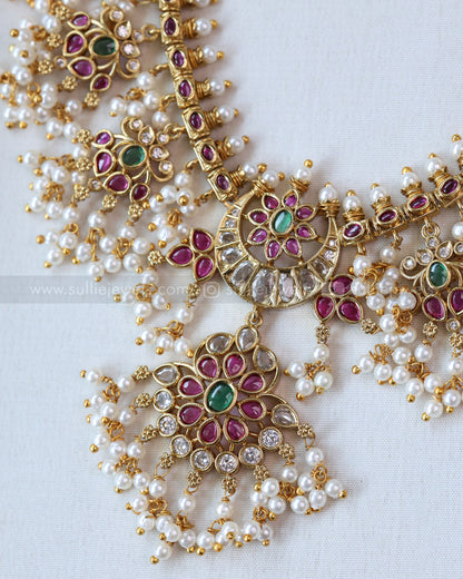 7154 - No Idol Lotus kemp Guttapusalu Long Chain / Haram with Earring