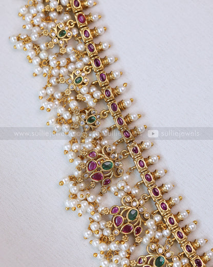 7154 - No Idol Lotus kemp Guttapusalu Long Chain / Haram with Earring