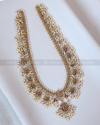 7154 - No Idol Lotus kemp Guttapusalu Long Chain / Haram with Earring