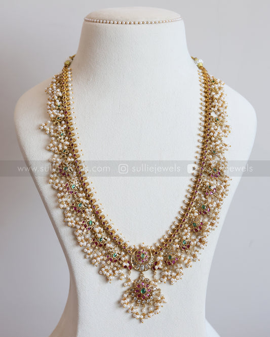 7154 - No Idol Lotus kemp Guttapusalu Long Chain / Haram with Earring