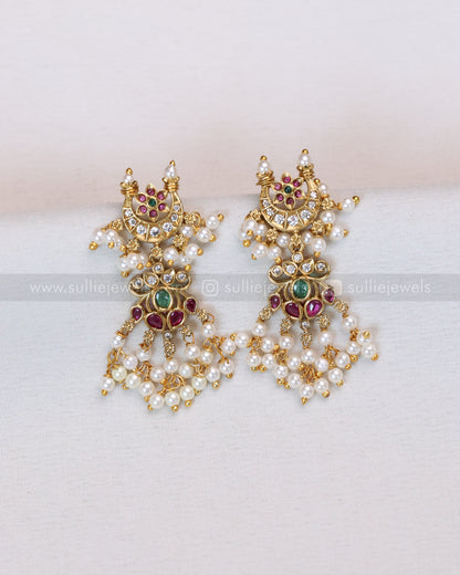 7154 - No Idol Lotus kemp Guttapusalu Long Chain / Haram with Earring