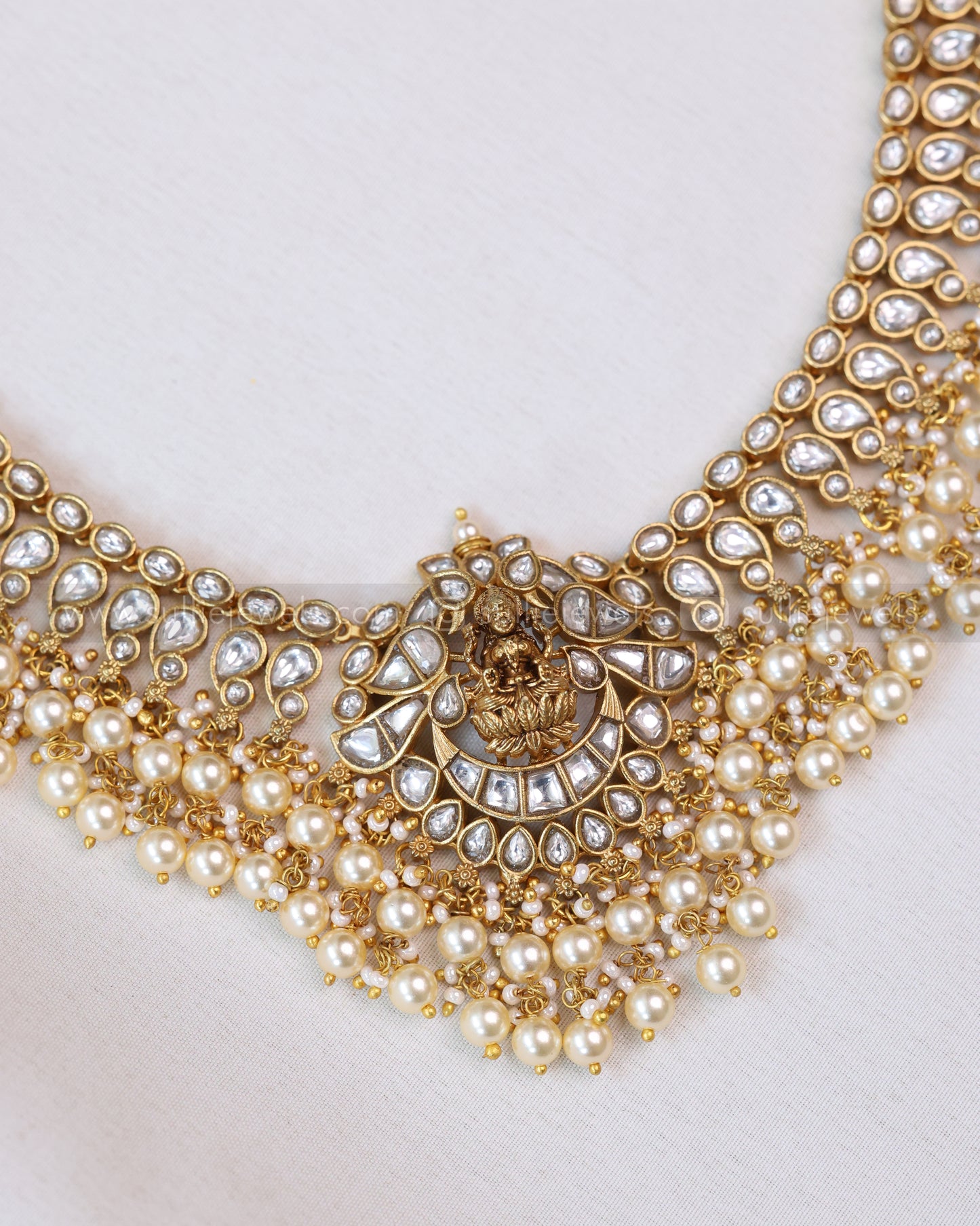 3665 - Luxe Goddess White Kundan Pearls Lakshmi Necklace with Earring
