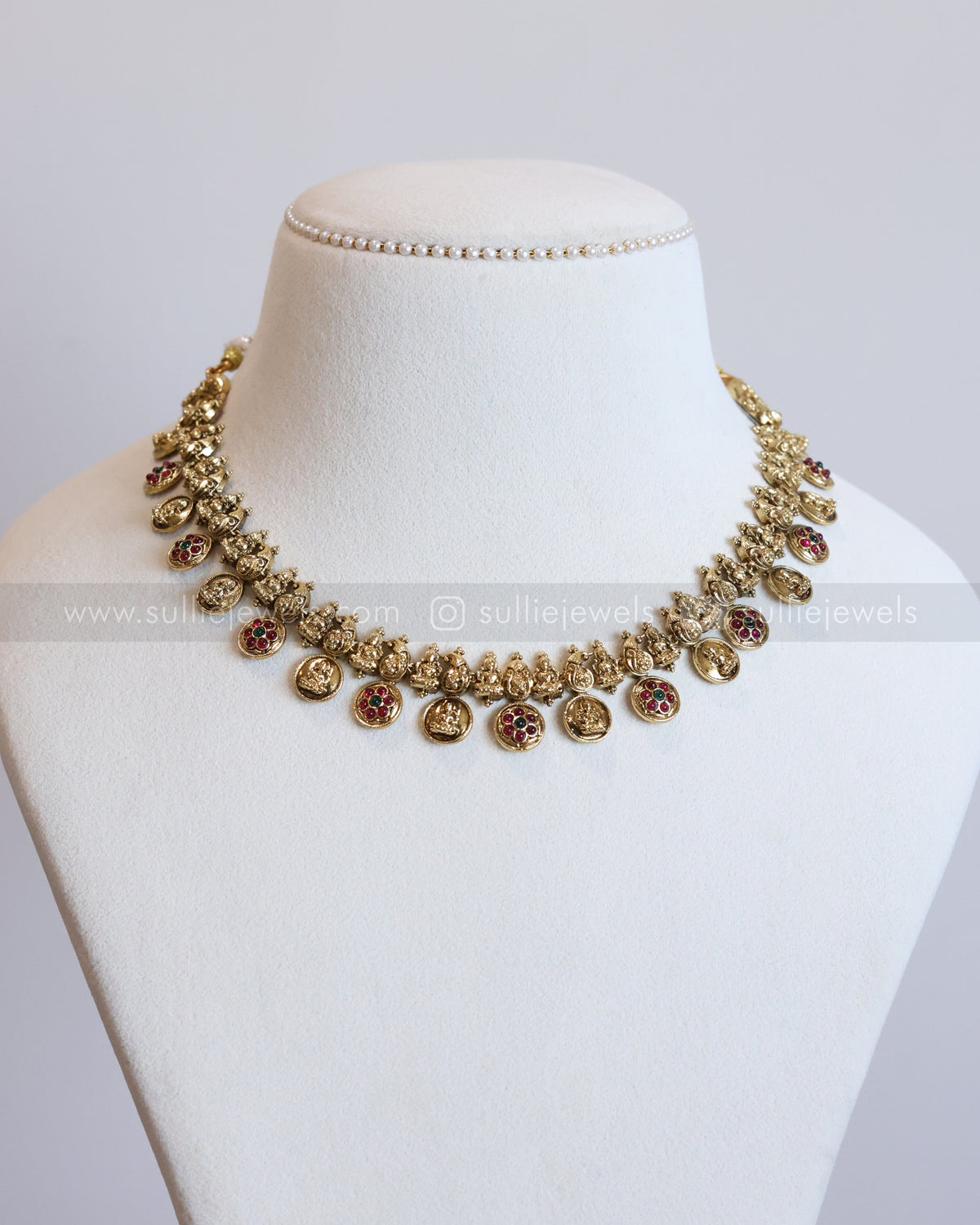 3955 - Lakshmi Peacock Flower Stone Coin Necklace with Jhumka